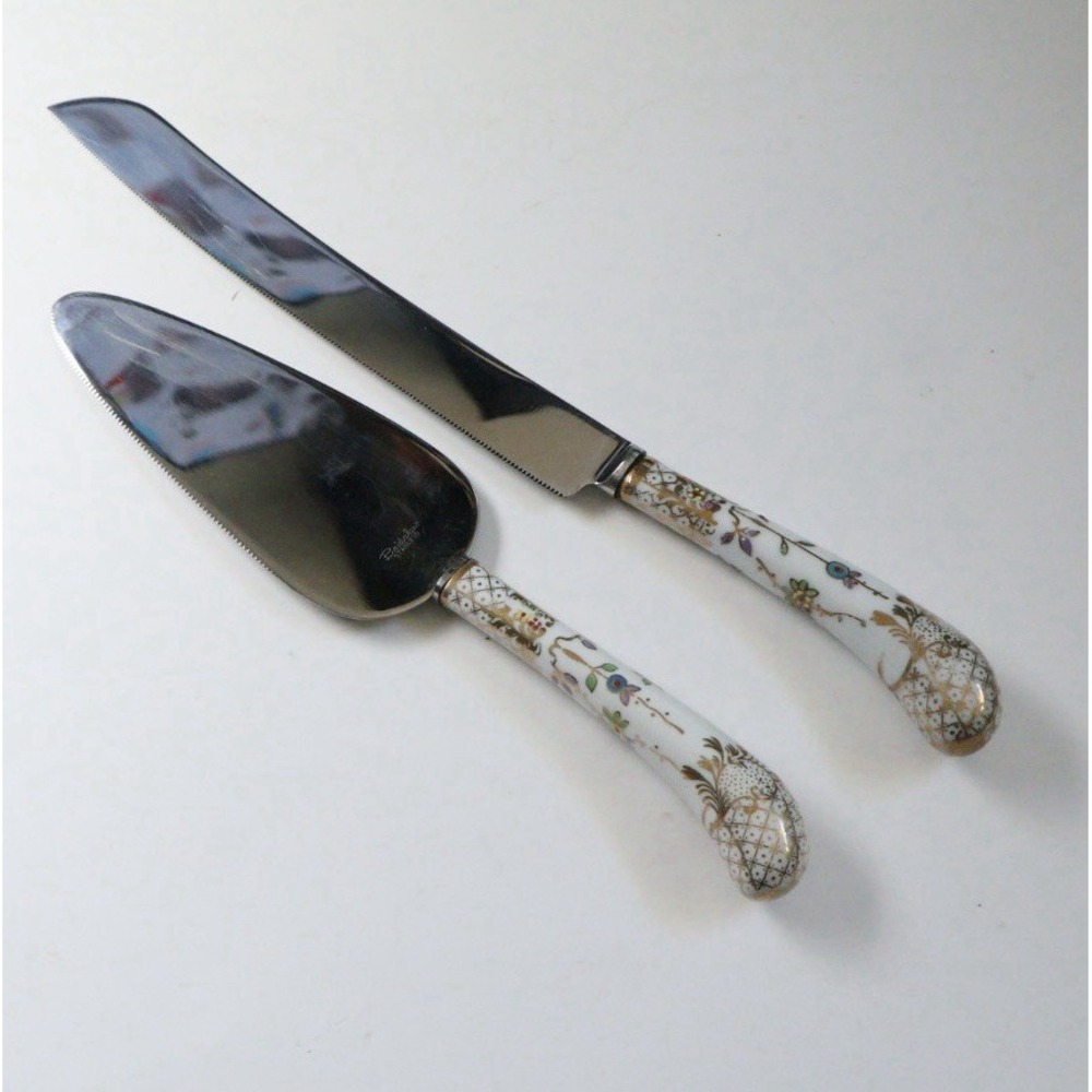 VTG Sheffield Cake Server Knife Set Hand Painted Floral Motif Porcelain Gold